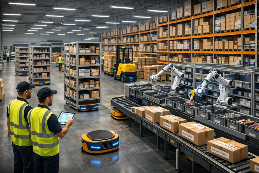 Warehouse Automation UK robotics including AMRs, robotic picking arms, and autonomous forklifts inside a smart fulfilment centre.