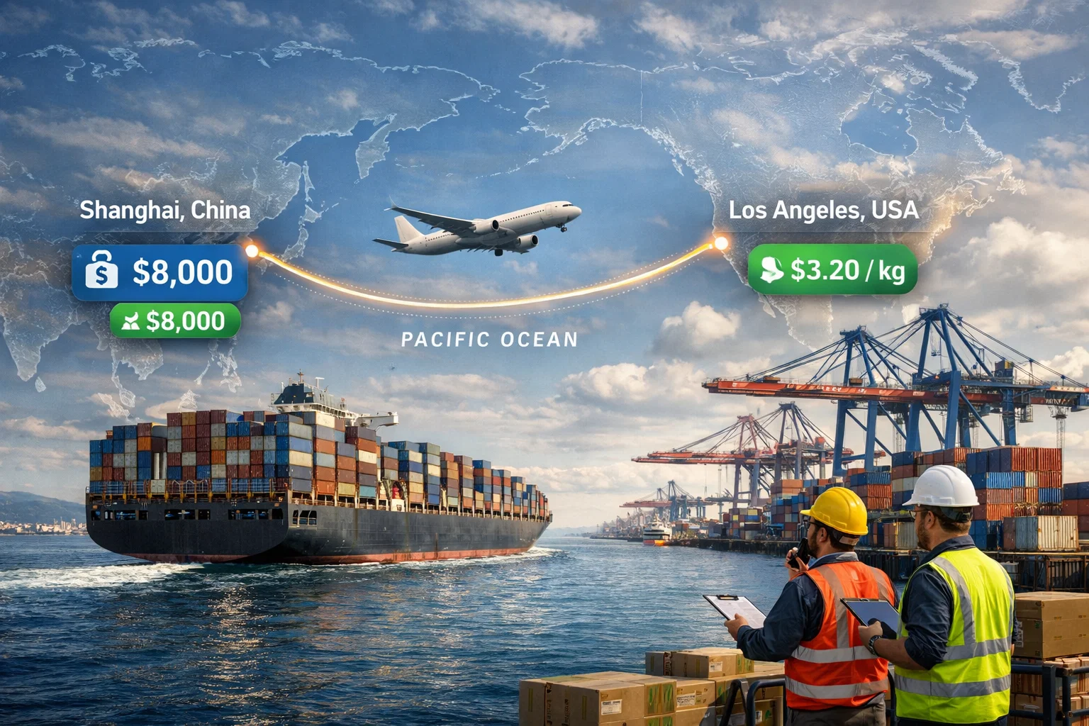 Shipping Cost from China to USA per KG illustrated with cargo ship and air freight route between China and the United States.