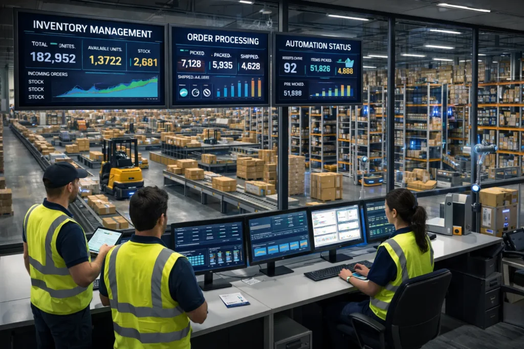 Warehouse Automation UK technology including AI warehouse management systems, ASRS storage robots, and smart logistics dashboards.