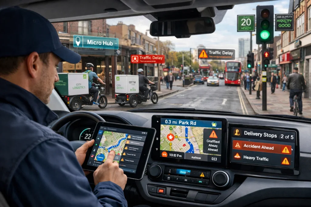 Urban Logistics in the UK using smart route optimisation software and digital delivery systems in a city environment.