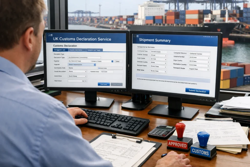 UK Customs Clearance Checklist for Small Importers showing customs declaration submission through the UK Customs Declaration Service system.