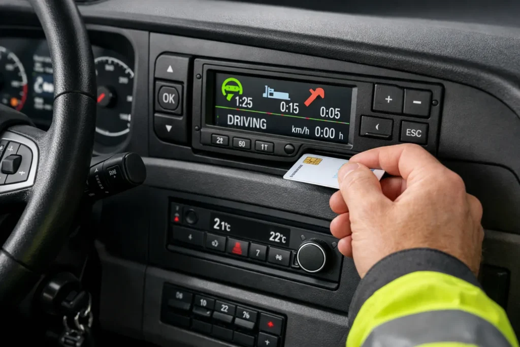 Truck driver inserting driver card into digital tachograph demonstrating UK Tachograph Rules compliance.