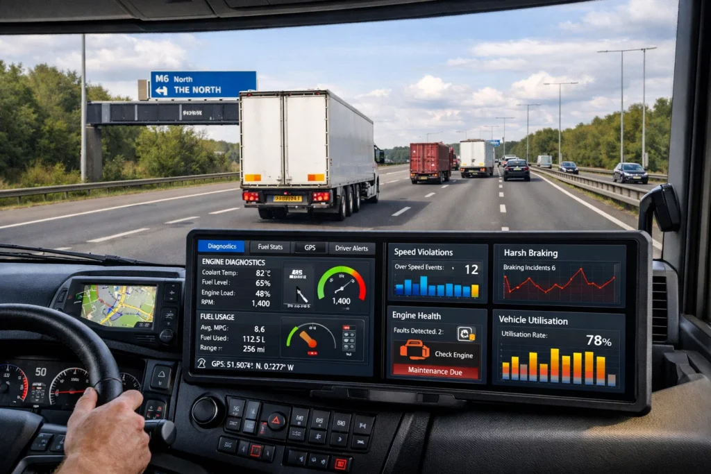 Telematics data displayed through Fleet Management Systems showing driver behaviour, fuel use, and vehicle diagnostics.