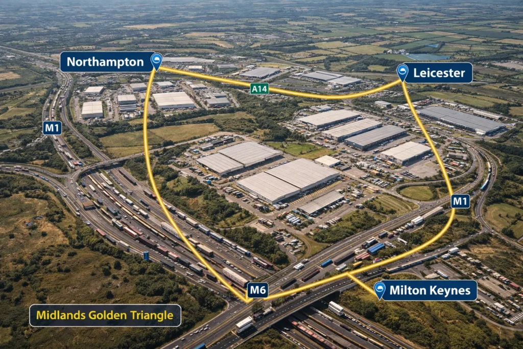 Midlands Golden Triangle distribution network showing central Warehouse Location Strategy UK logistics infrastructure.