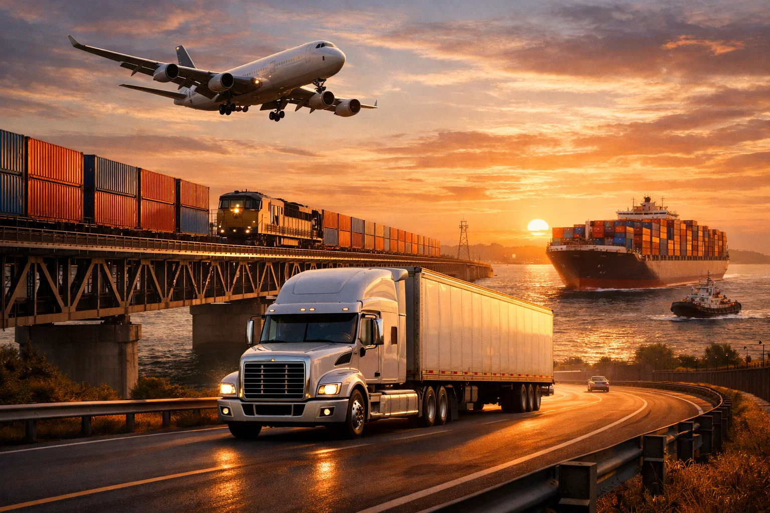 Most common mode of freight transportation showing trucks, cargo ship, freight train and cargo plane in a global logistics network.