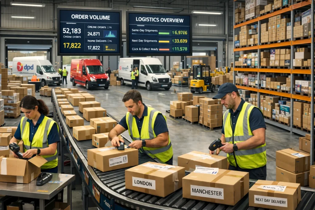 Warehouse Automation in the UK growth is illustrated by a busy e-commerce fulfilment centre processing thousands of orders.