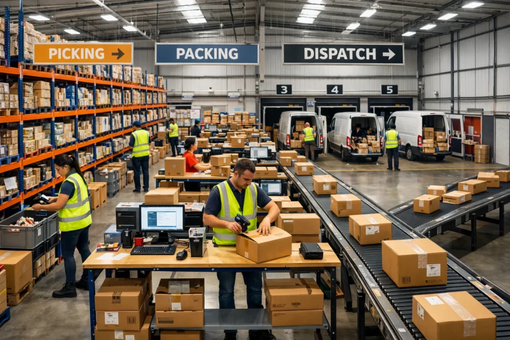 Warehouse workers performing picking, packing and dispatch operations in UK Warehousing and Distribution supply chain facilities.