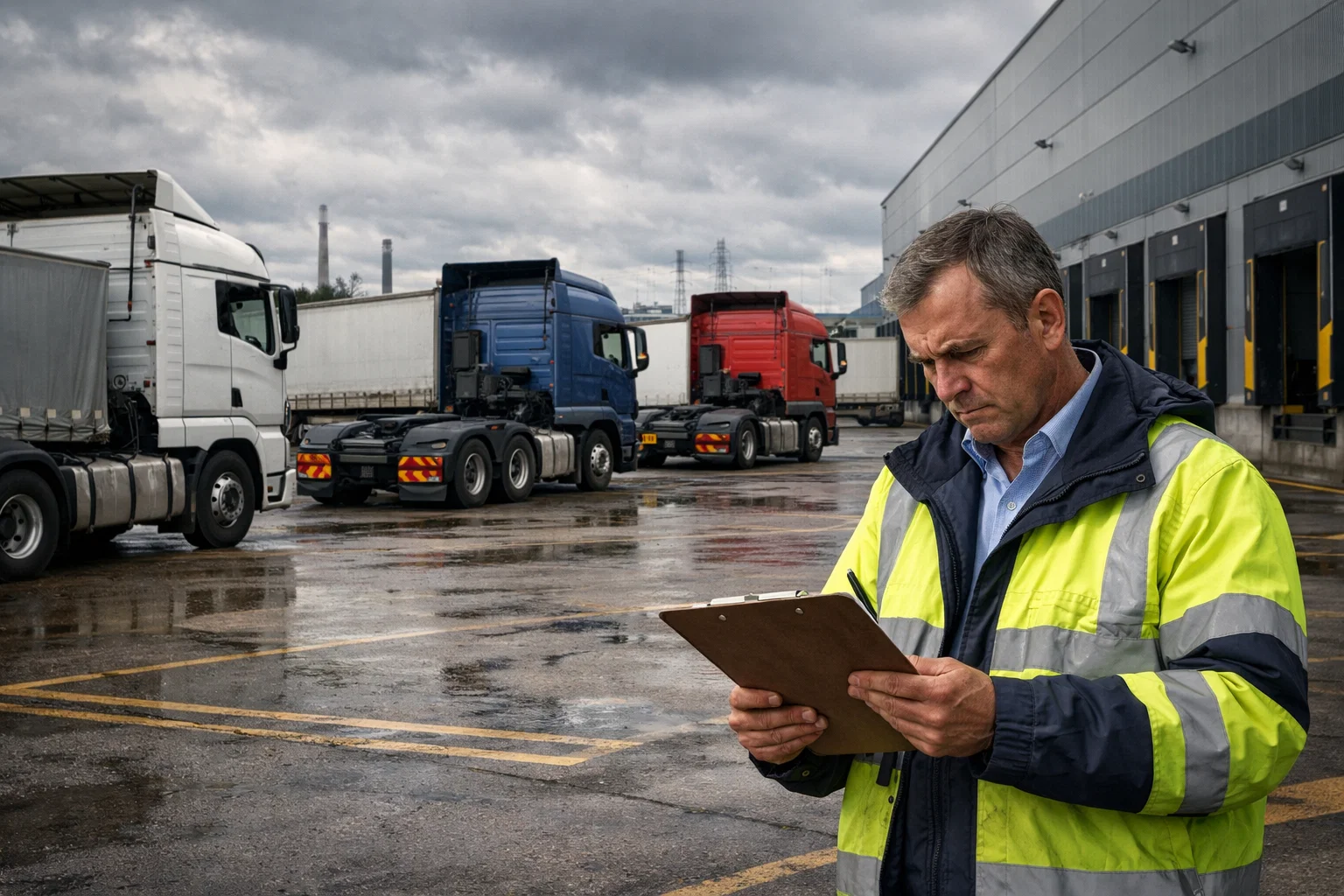 UK HGV Driver Shortage affecting logistics yard operations with idle trucks in the UK.