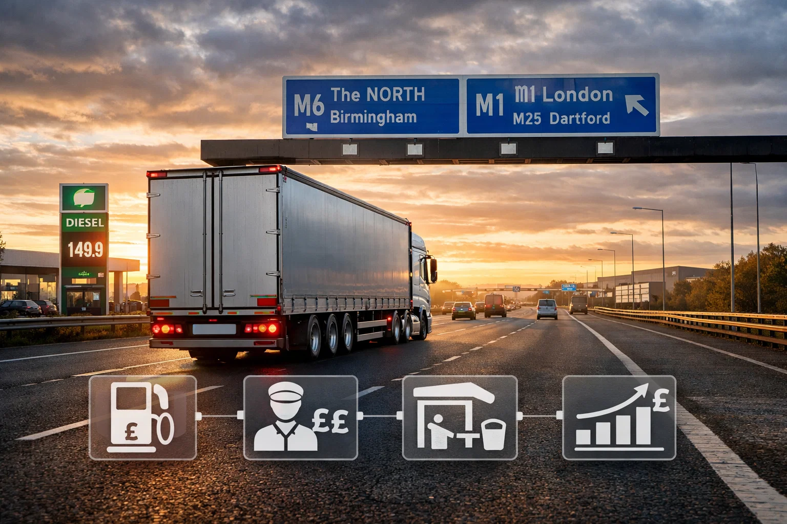 UK Road Freight Costs illustrated by a UK articulated lorry on motorway with fuel prices and logistics cost icons.