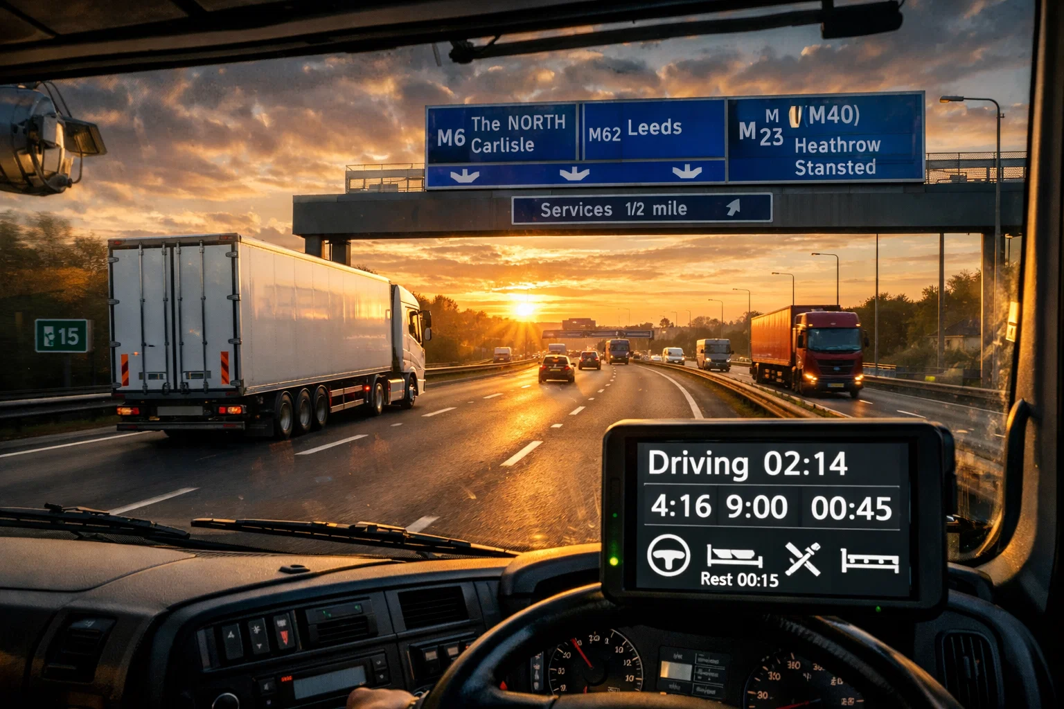 UK Tachograph Rules digital tachograph dashboard in a UK HGV truck on motorway freight route.