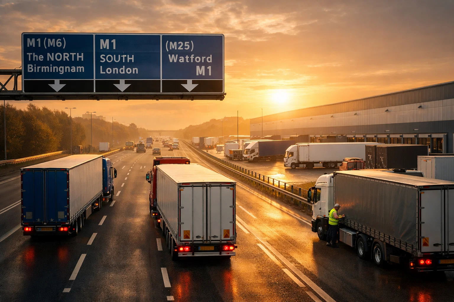 UK Transport and Haulage Operations trucks travelling on a UK motorway near a logistics distribution centre.