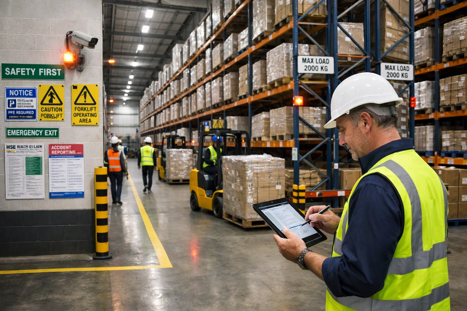 UK Warehouse Safety Regulations compliance scene showing workers, forklifts, safety signage and organised warehouse operations.