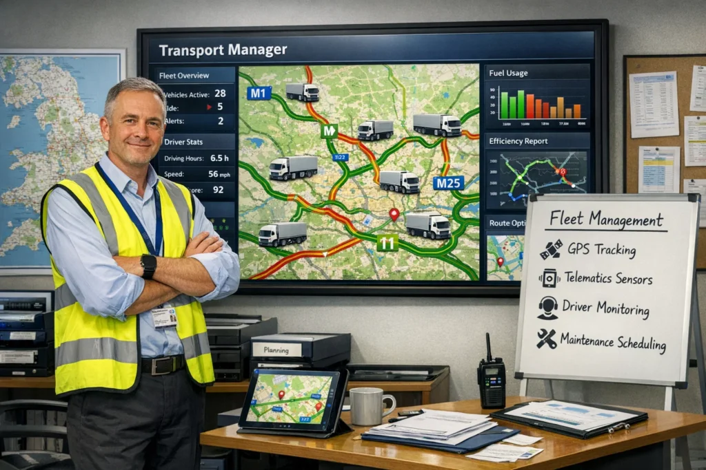 Overview of Fleet Management Systems components including GPS tracking, telematics data, and route optimisation for UK transport fleets.