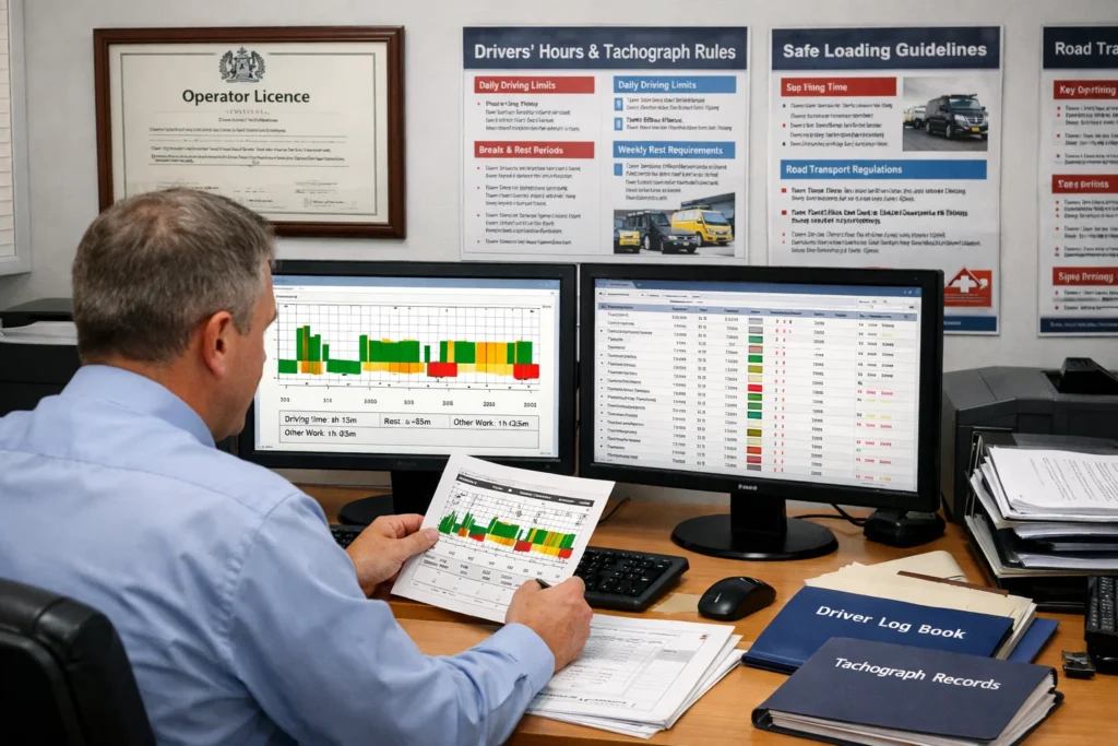 Compliance monitoring and driver tachograph review in UK Transport and Haulage Operations fleet management office.