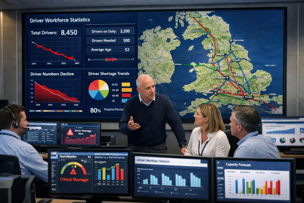 UK HGV Driver Shortage workforce statistics and logistics data analysis in a UK transport control centre.