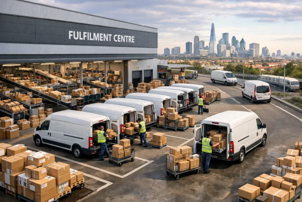 Urban Logistics in the UK showing busy fulfilment centres dispatching delivery fleets to urban areas.