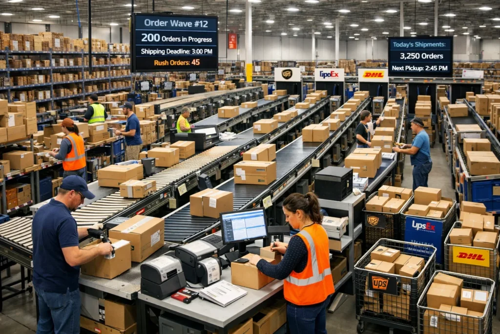 Warehouse Management Systems accelerating order picking, packing automation, and shipping workflows in a high-volume fulfilment warehouse.