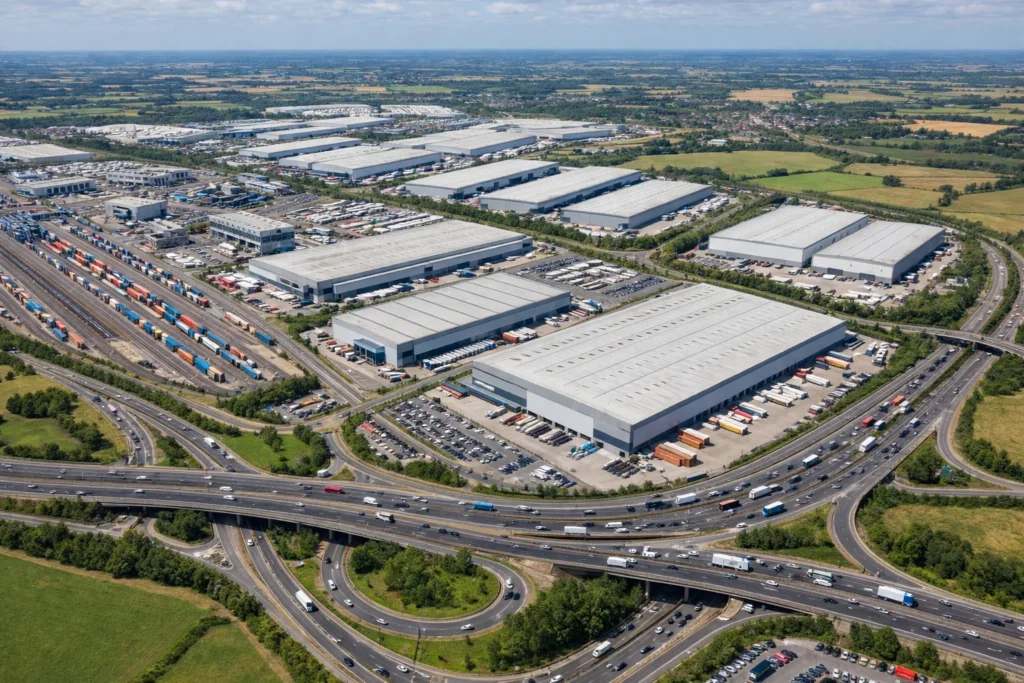 Aerial view of logistics hubs and motorway connections supporting UK Warehousing and Distribution infrastructure.