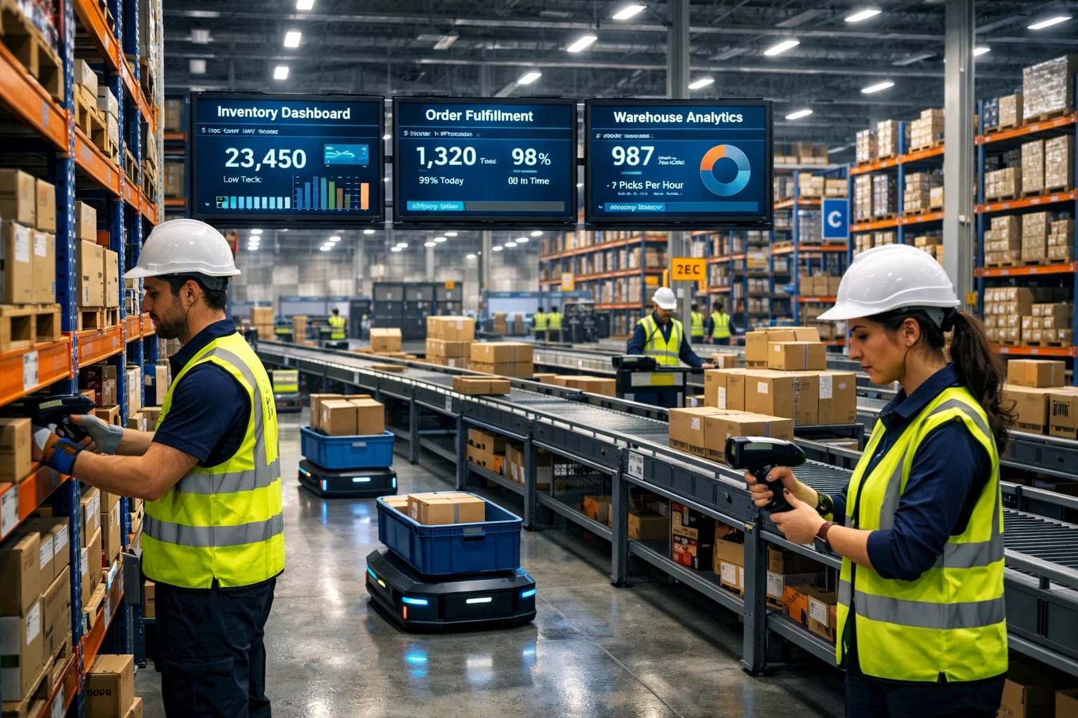 Warehouse Management Systems improving inventory tracking and order fulfilment inside a modern UK distribution warehouse.