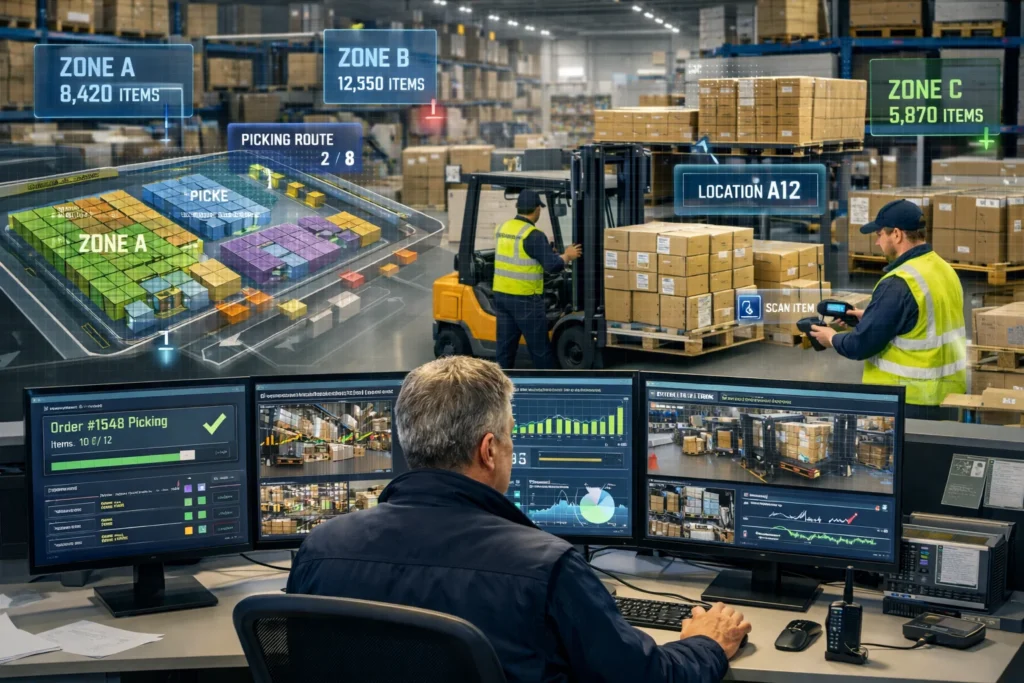 Warehouse Management Systems dashboard managing inventory control, warehouse mapping, and order processing in a UK logistics warehouse.