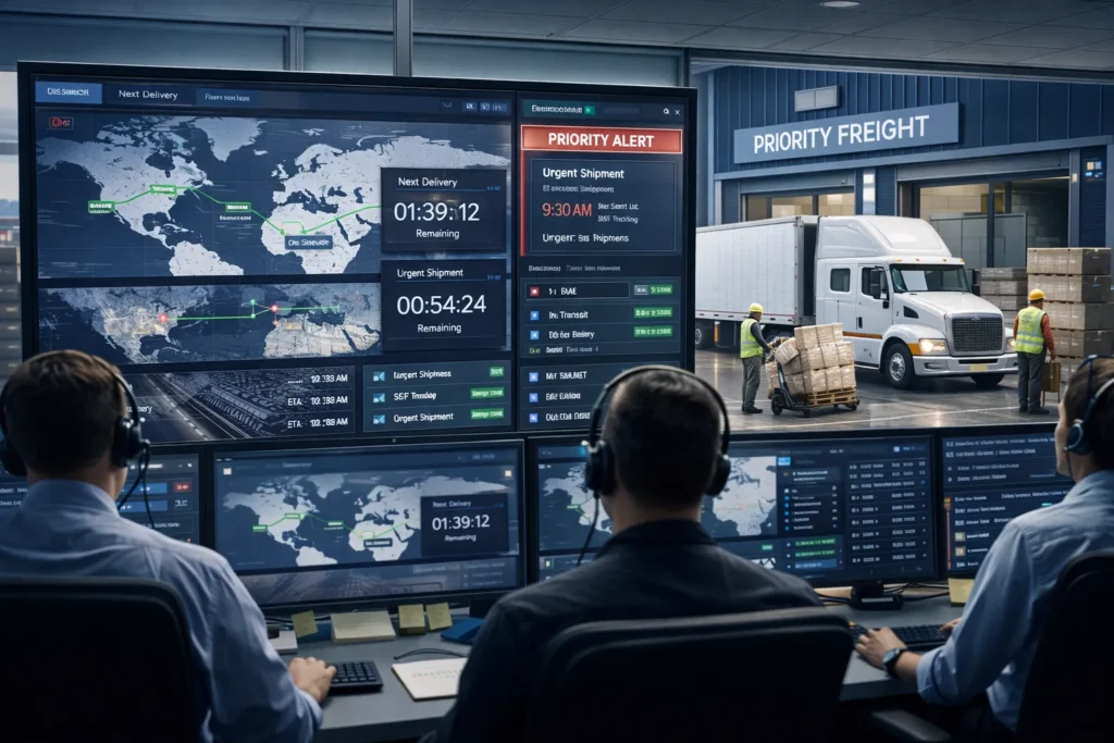 Expedited Freight and Logistics operations showing priority shipment tracking and urgent freight coordination.