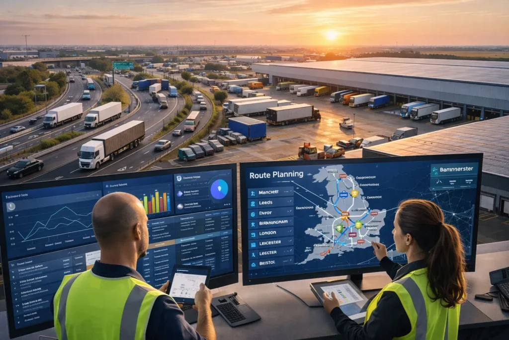 UK supply chain operations highlighting Warehouse Location Strategy UK with transport routes and warehouse workforce efficiency.