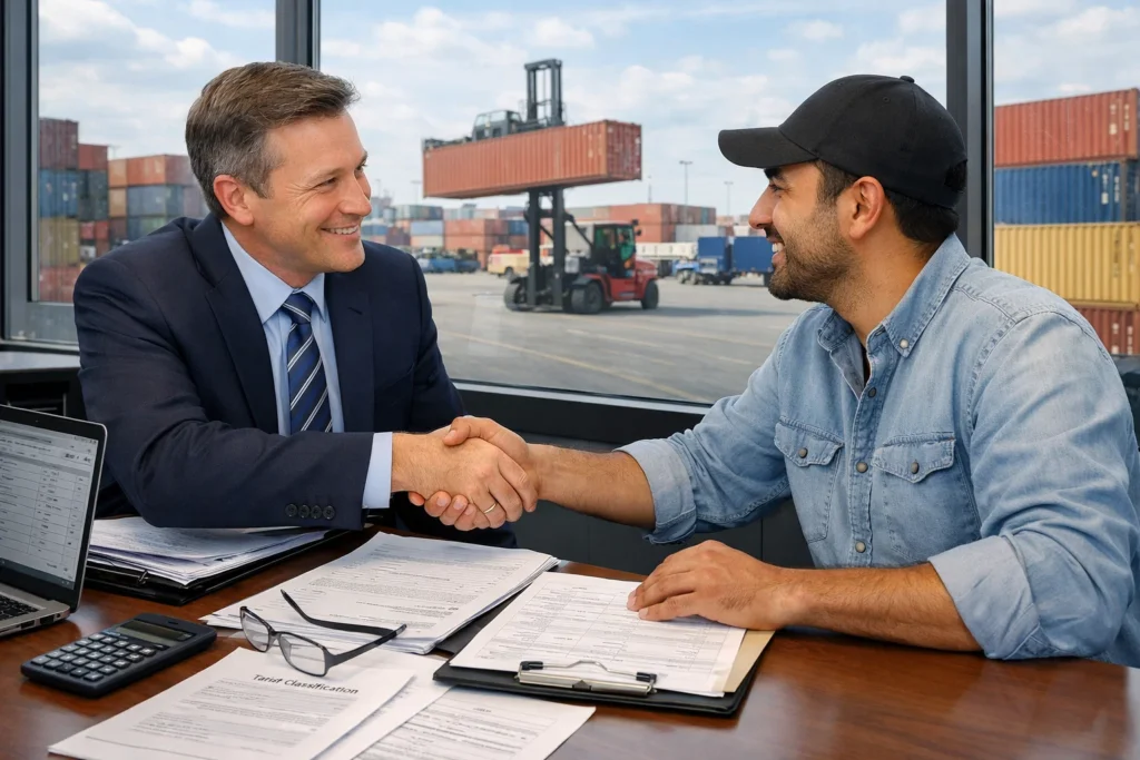 UK Customs Clearance Checklist for Small Importers showing importer consulting a customs broker about duty and clearance requirements.